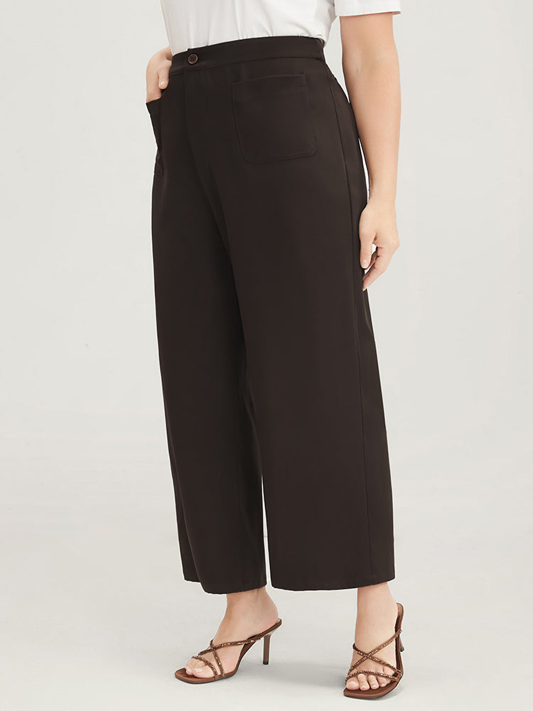 Plain Pocket Front Wide Leg High Rise Pants