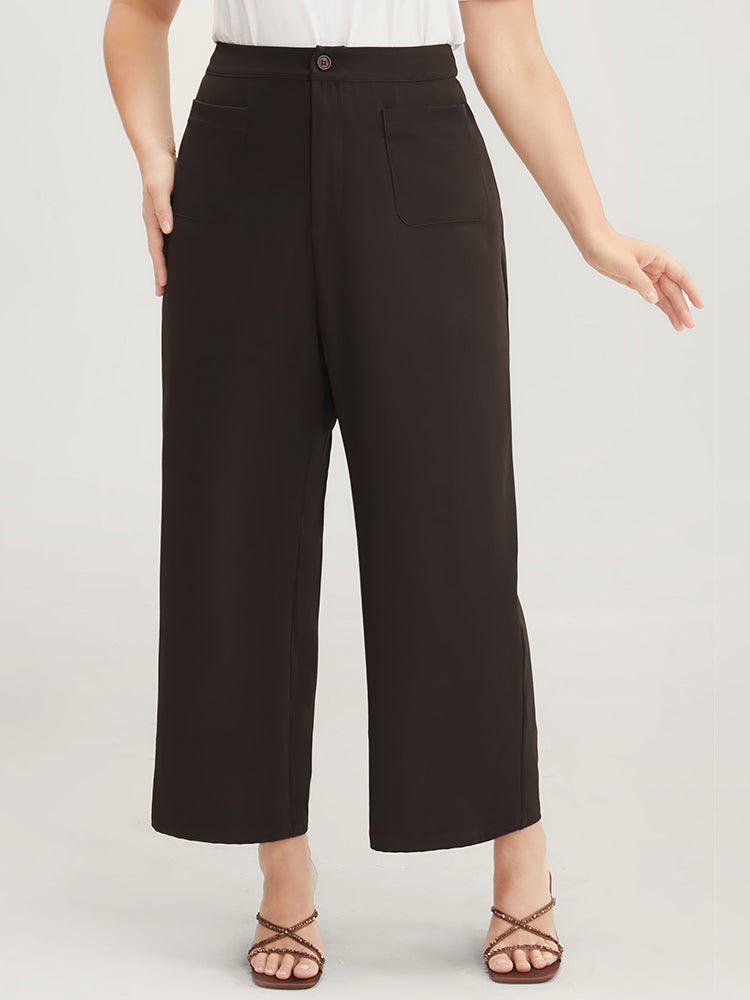Plain Pocket Front Wide Leg High Rise Pants