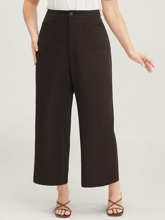 Plain Pocket Front Wide Leg High Rise Pants