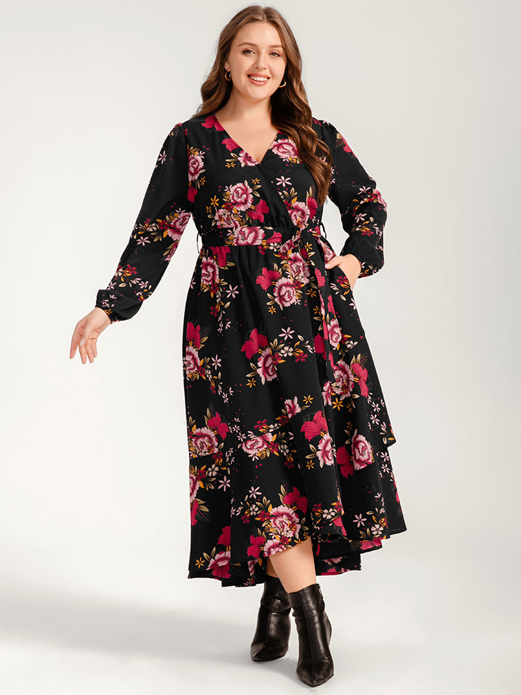 Floral Ruffle Lantern Sleeve Pocket Belted Asymmetrical Hem Dress
