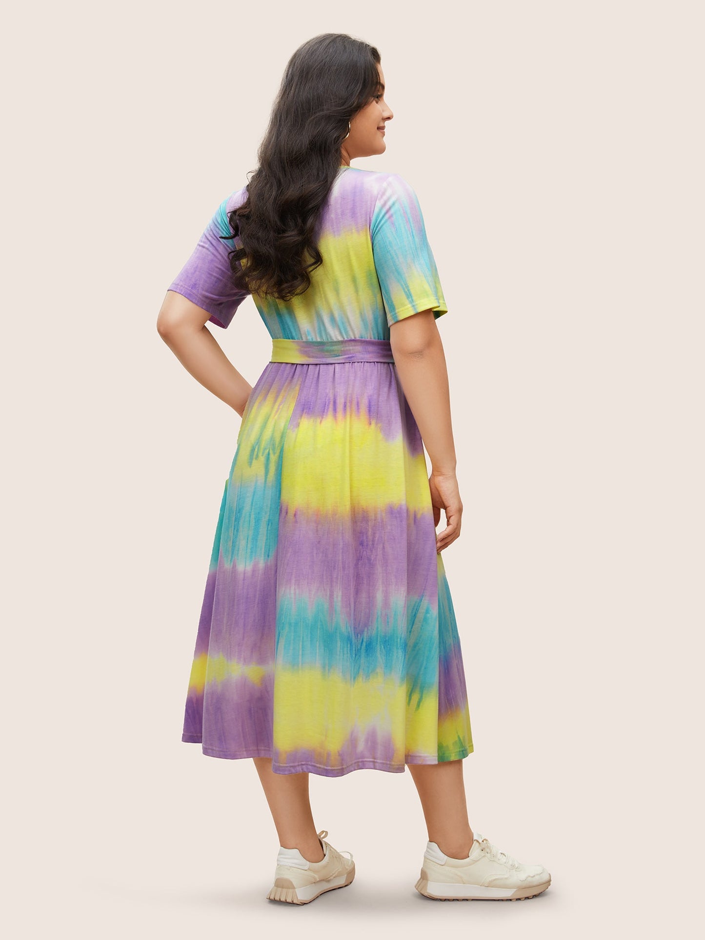 Round Neck Tie Dye Belted Pocket Dress