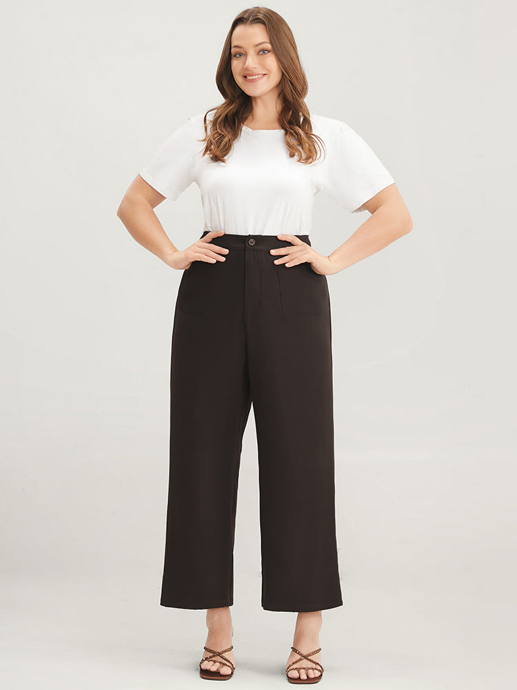 Plain Pocket Front Wide Leg High Rise Pants