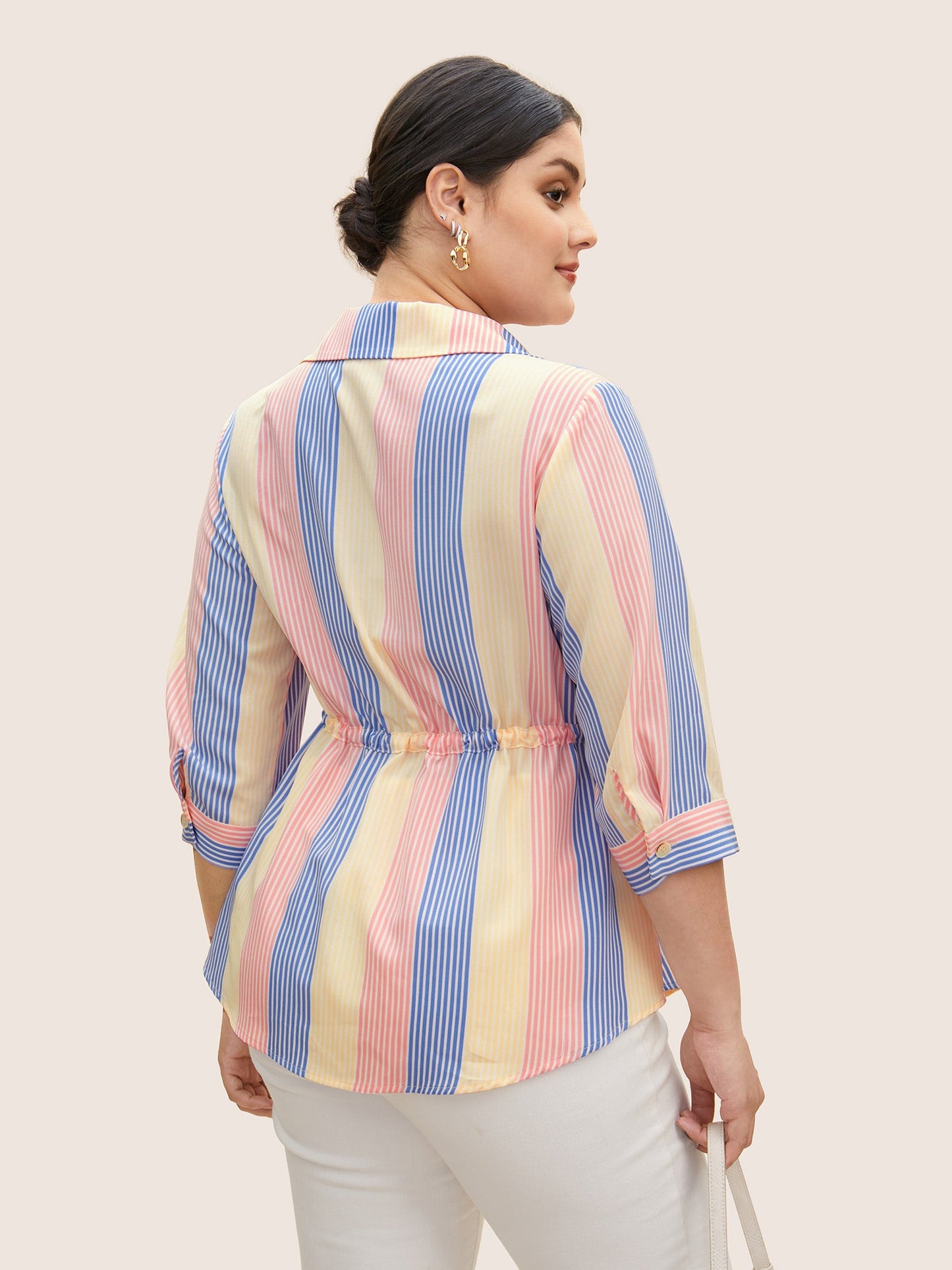 Contrast Striped Drawstring Patched Pocket Blouse