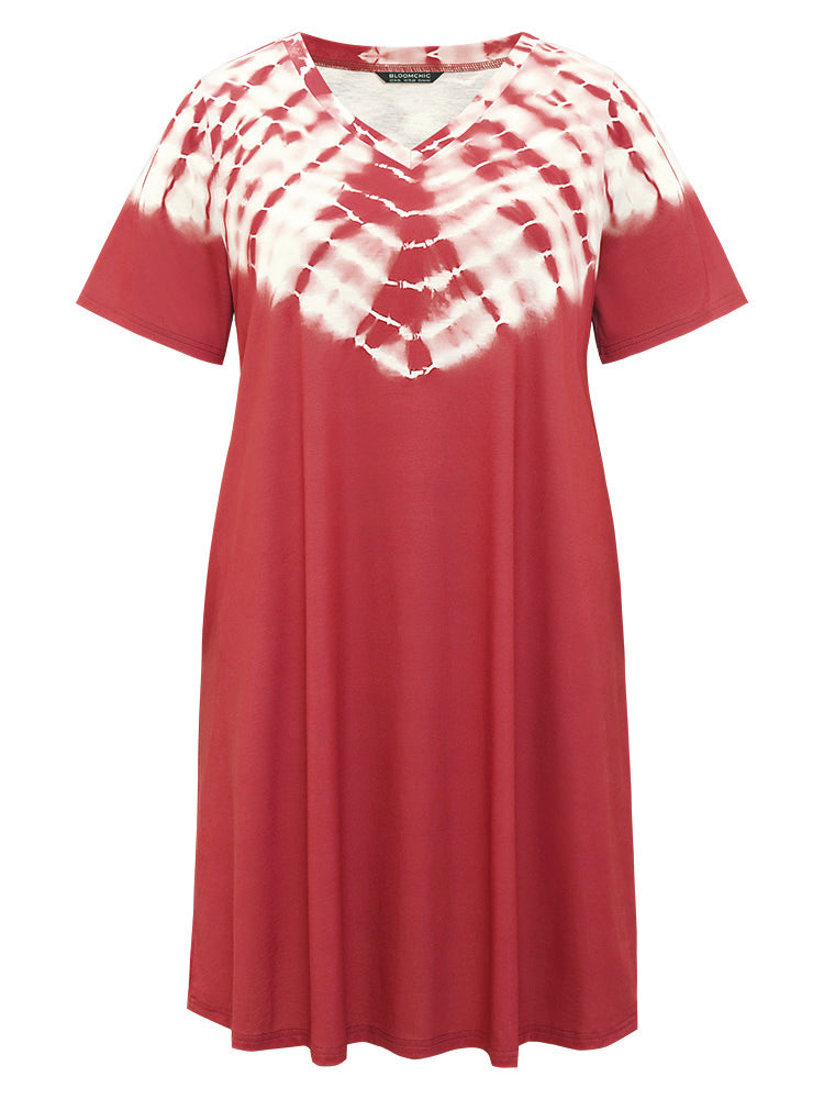 Tie Dye Pocket V Neck Knee Dress