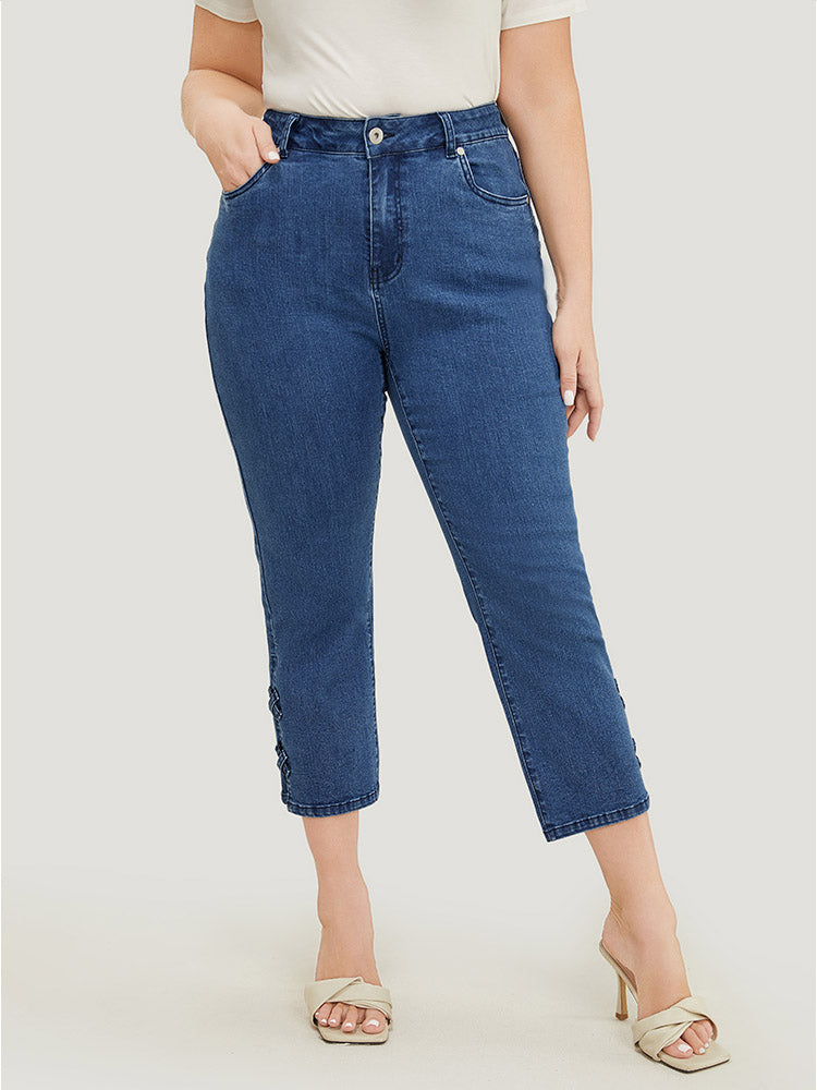 Very Stretchy Medium Wash Patched Detail Cut Out Jeans