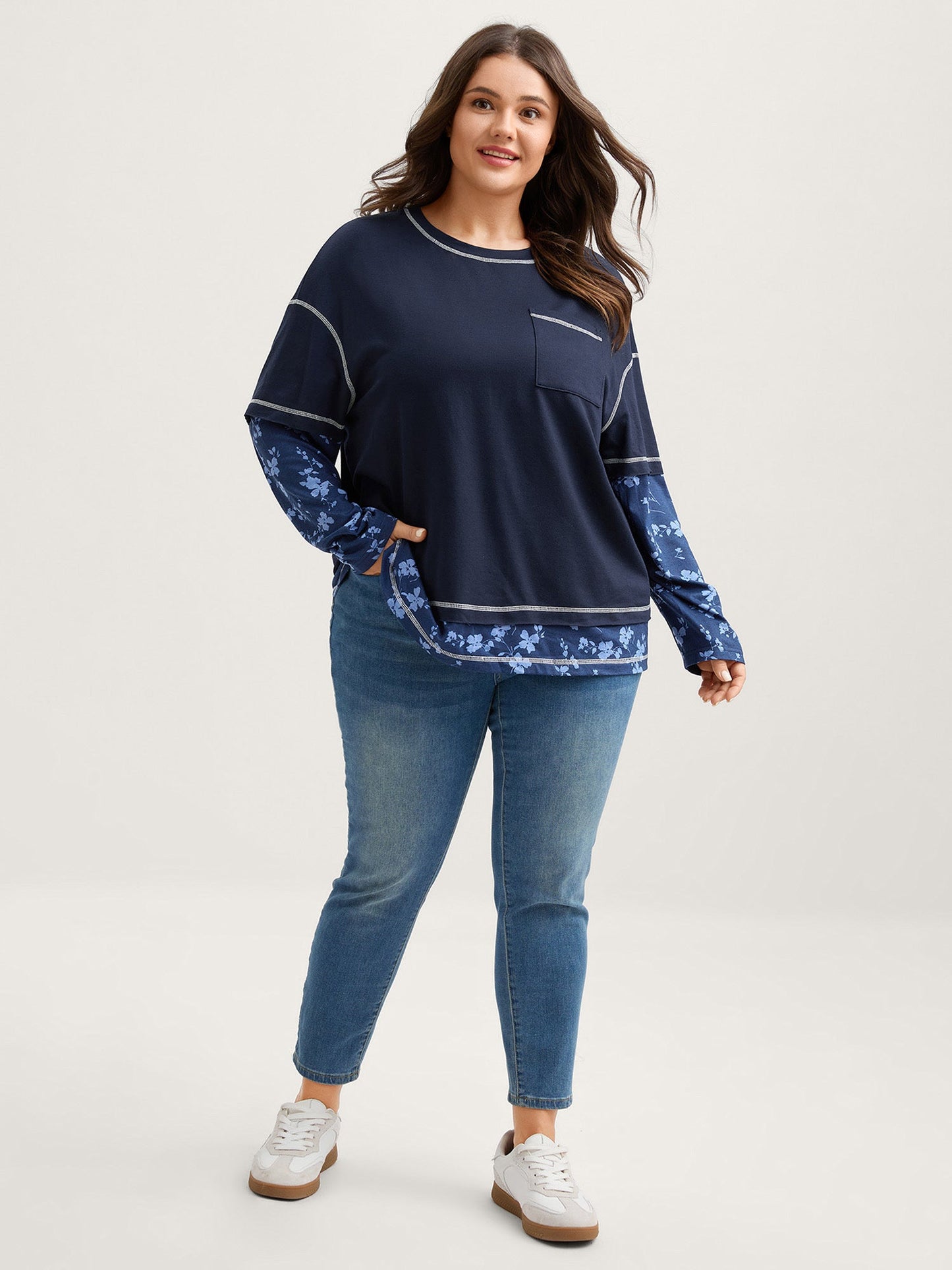 Patchwork Sleeve Floral Spliced Sweatshirt