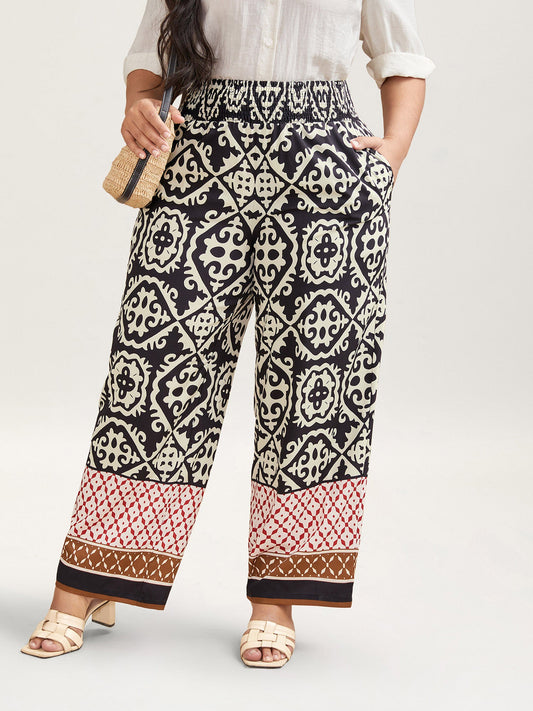 Ornate Print Contrast Hem Straight Leg Pants