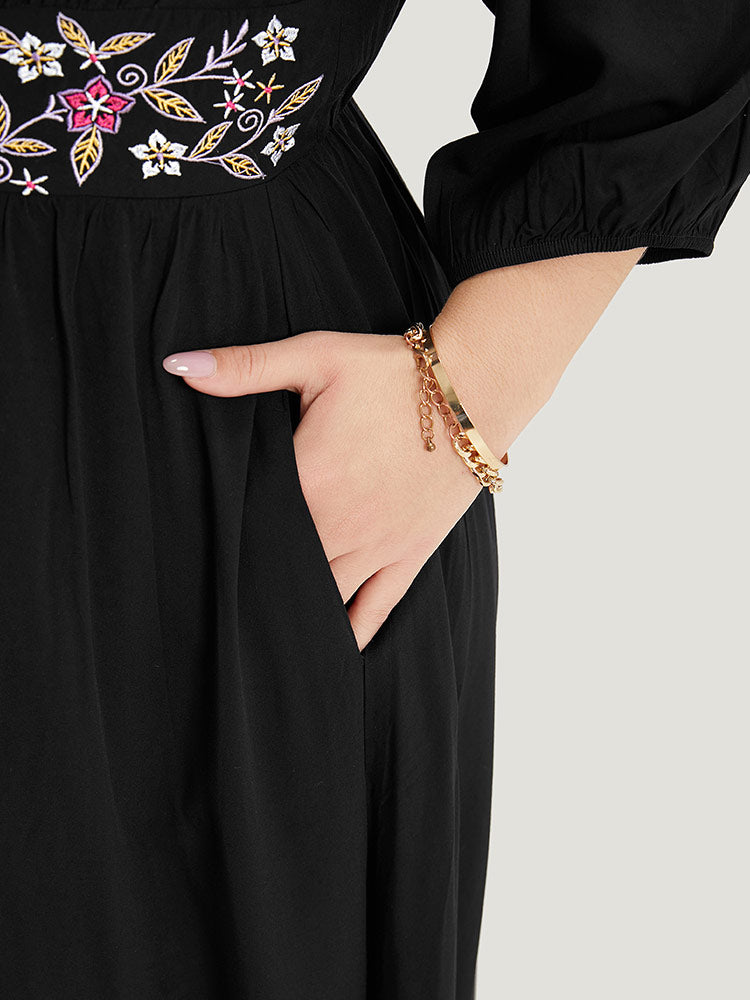 Floral Embroidered Patchwork Pocket Elastic Cuffs Dress