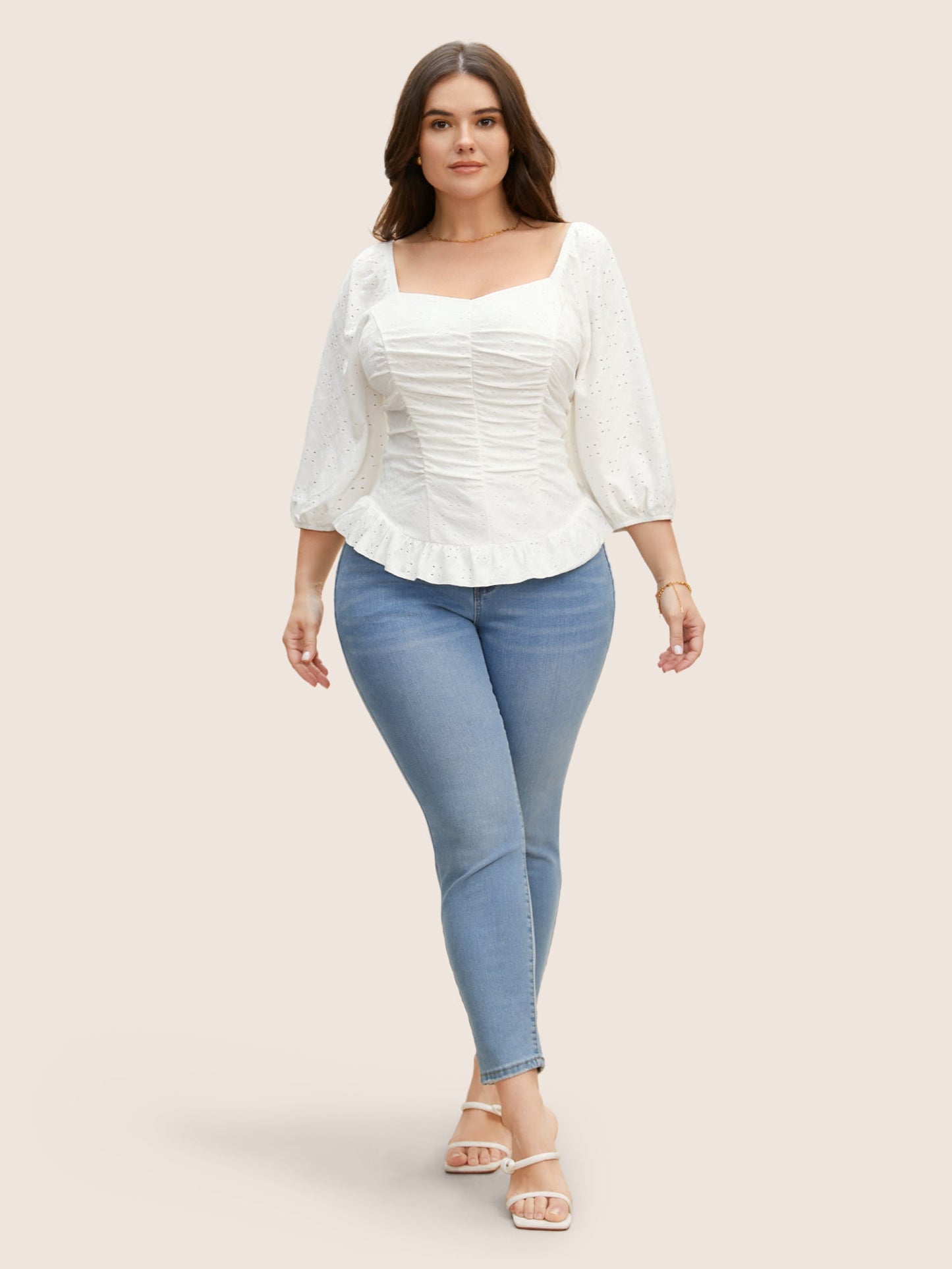 Broderie Anglaise Ruched Lantern Sleeve Blouse