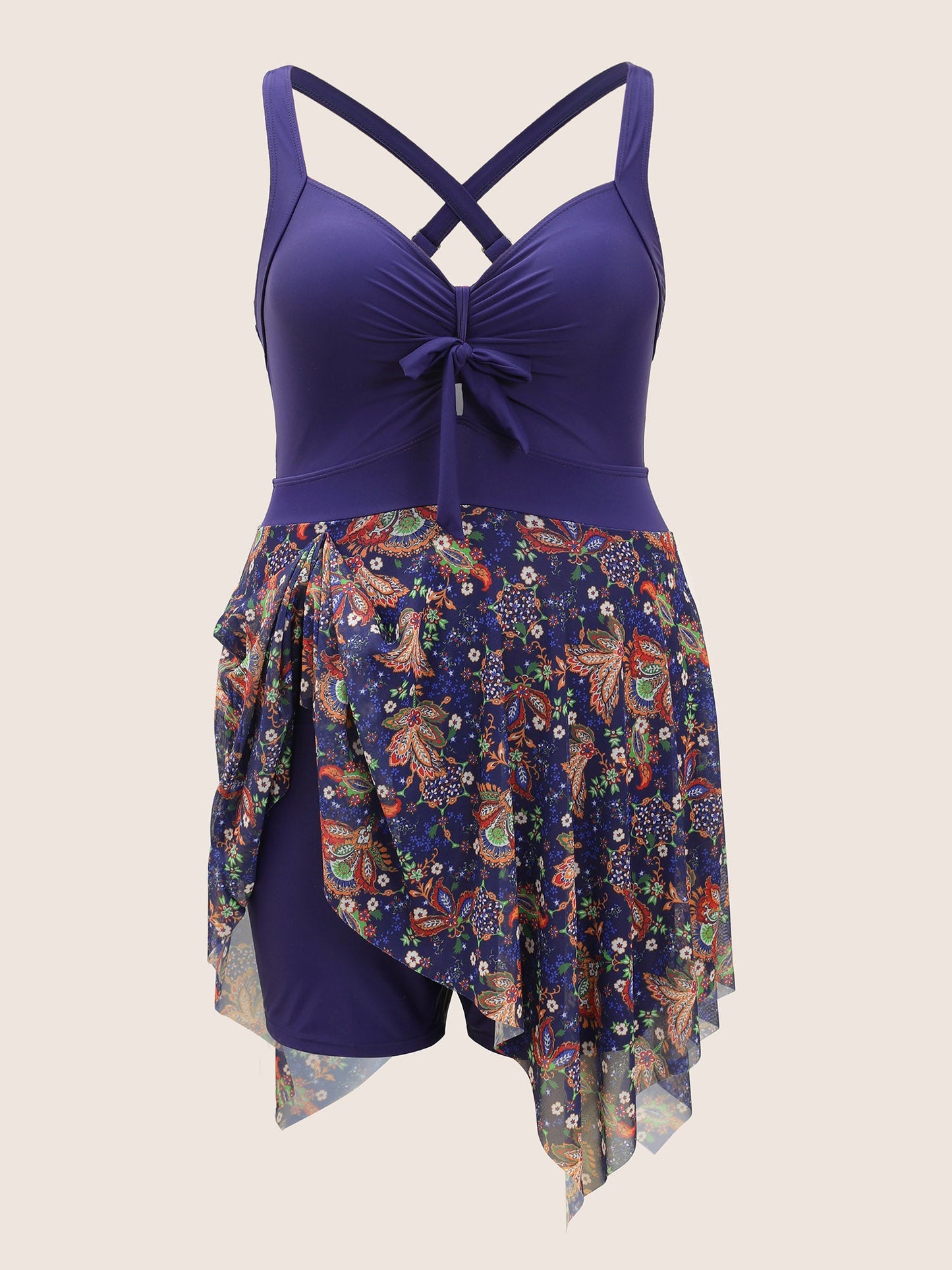 Patchwork Ruched Knot Asymmetrical Hem Swim Dress