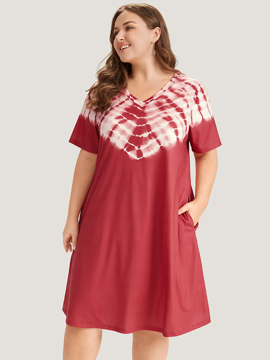 Tie Dye Pocket V Neck Knee Dress