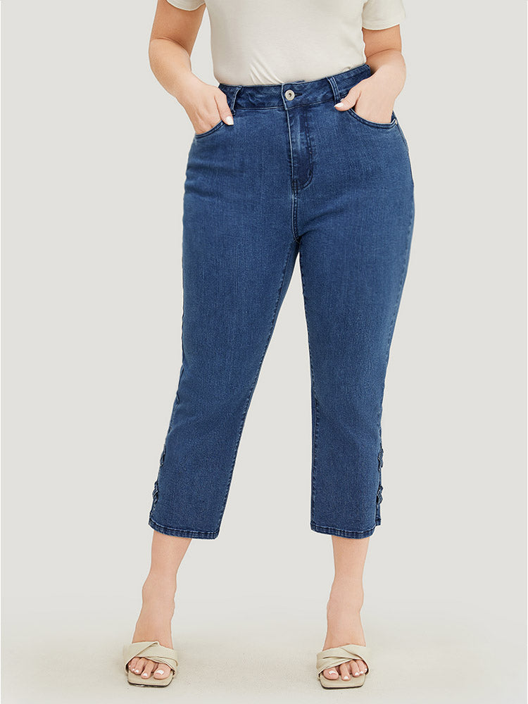 Very Stretchy Medium Wash Patched Detail Cut Out Jeans