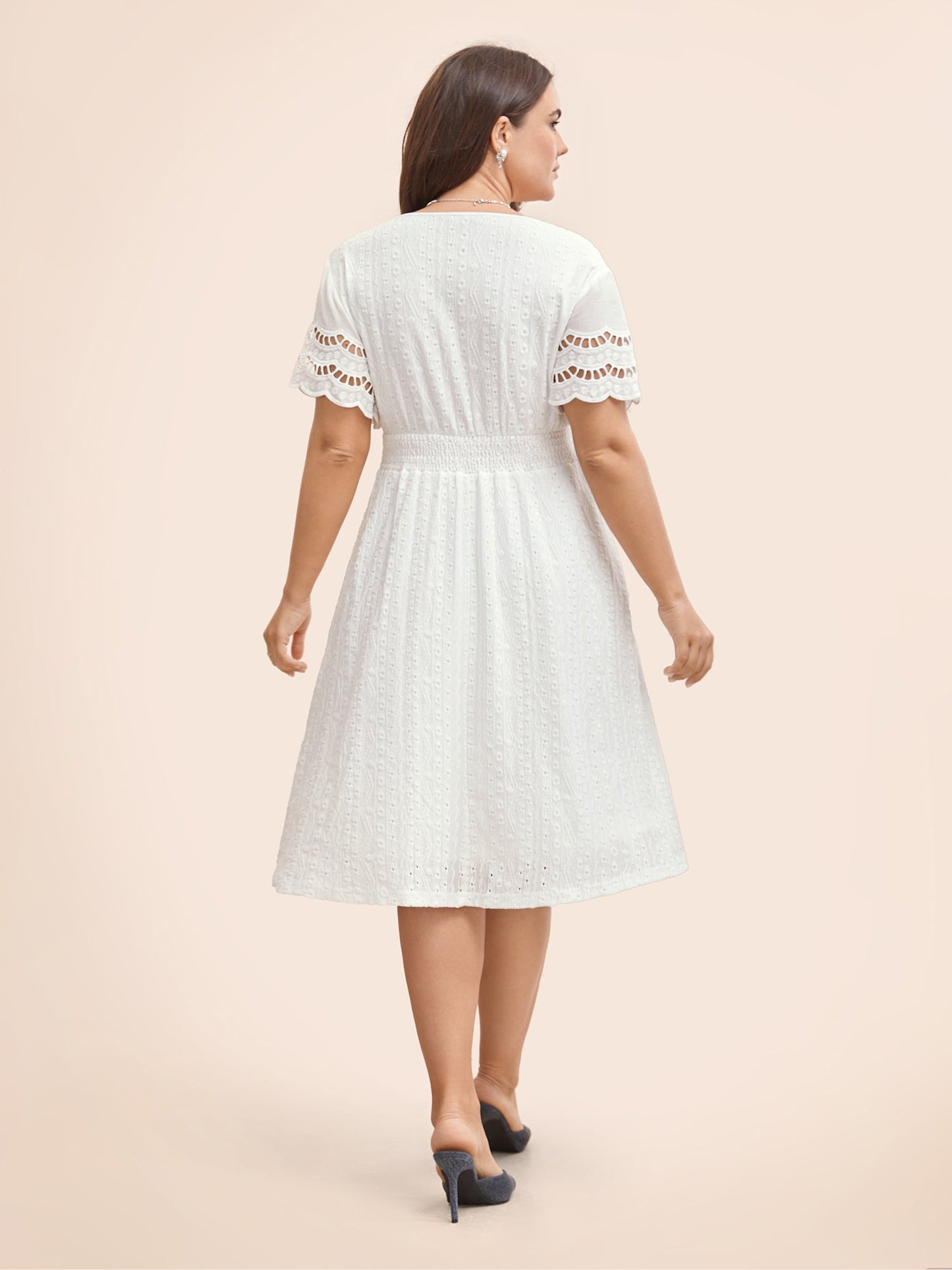 V Neck Shirred Lace Patchwork Dress