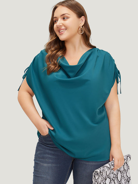 Solid Cowl Neck Drawstring Sleeve Blouse