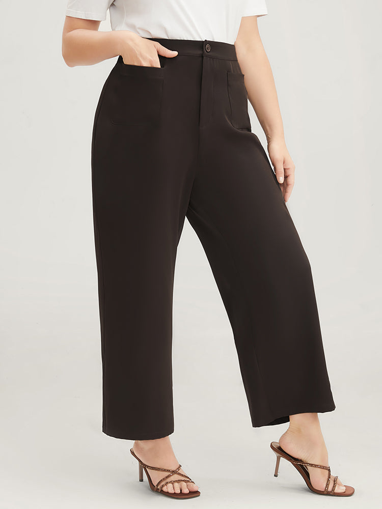 Plain Pocket Front Wide Leg High Rise Pants