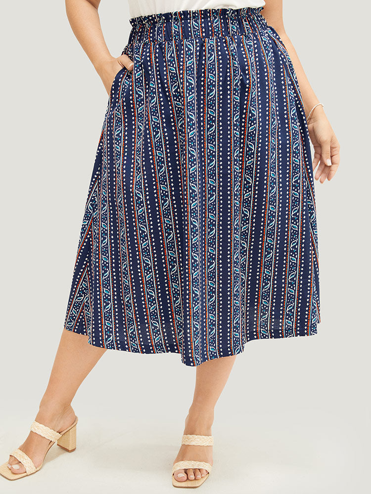 Striped Print Pocket Paperbag Waist Skirt