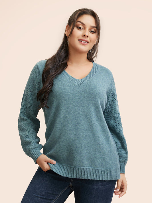 V Neck Texture Lantern Sleeve Pullover