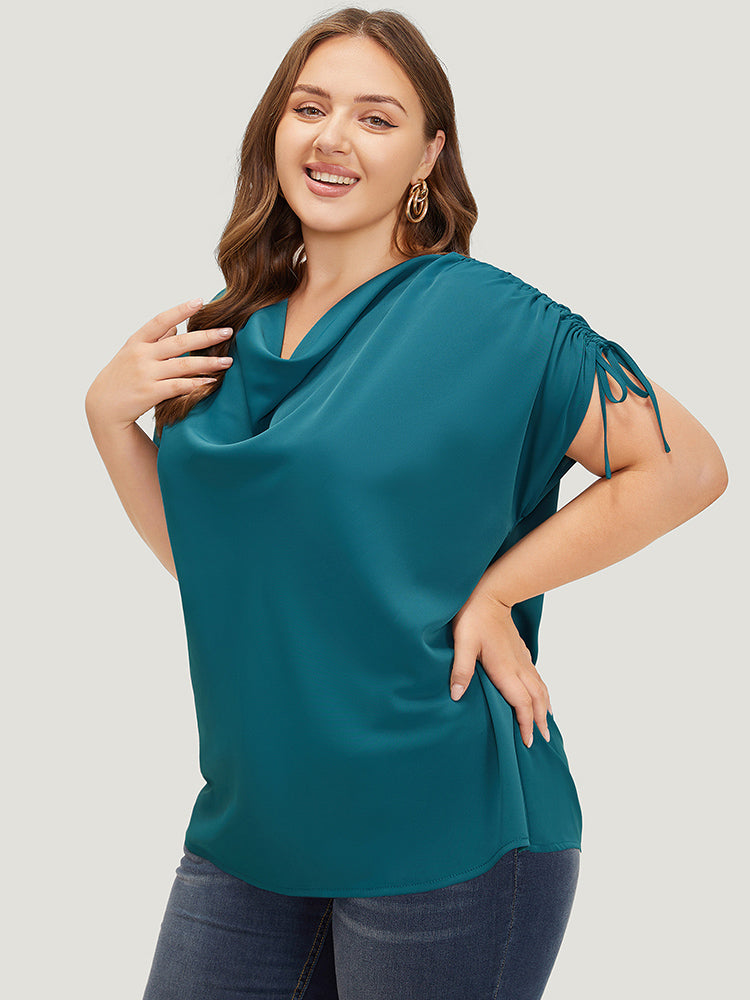 Solid Cowl Neck Drawstring Sleeve Blouse