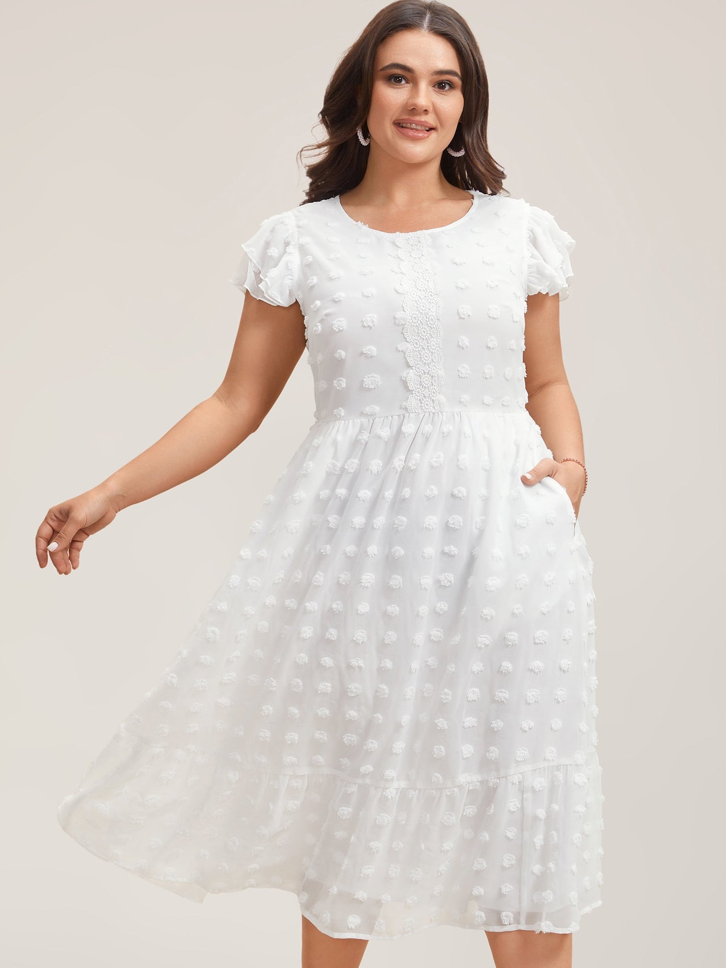 Textured Plain Tiered Ruffles Sleeve Dress