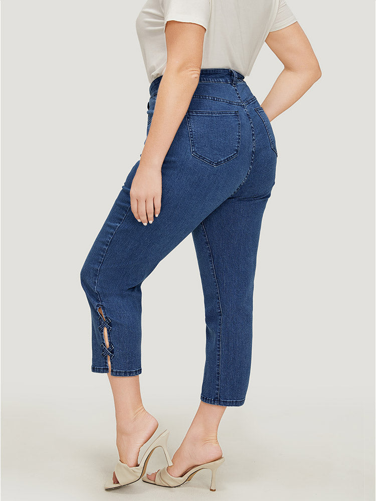 Very Stretchy Medium Wash Patched Detail Cut Out Jeans