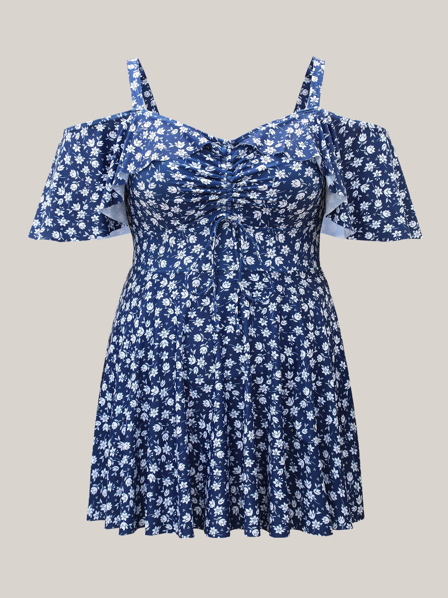 Off-Shoulder Ruched Drawstring Swim Dress