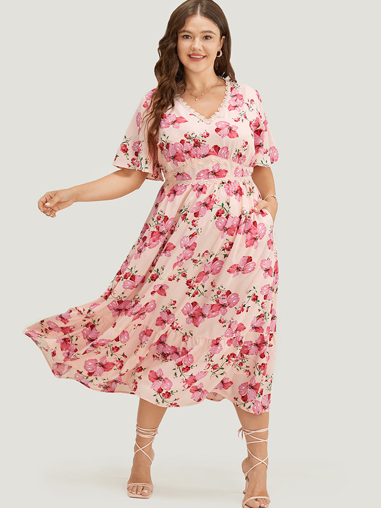 Floral Print Lace Pocket Ruffle Hem Empire Waist Dress