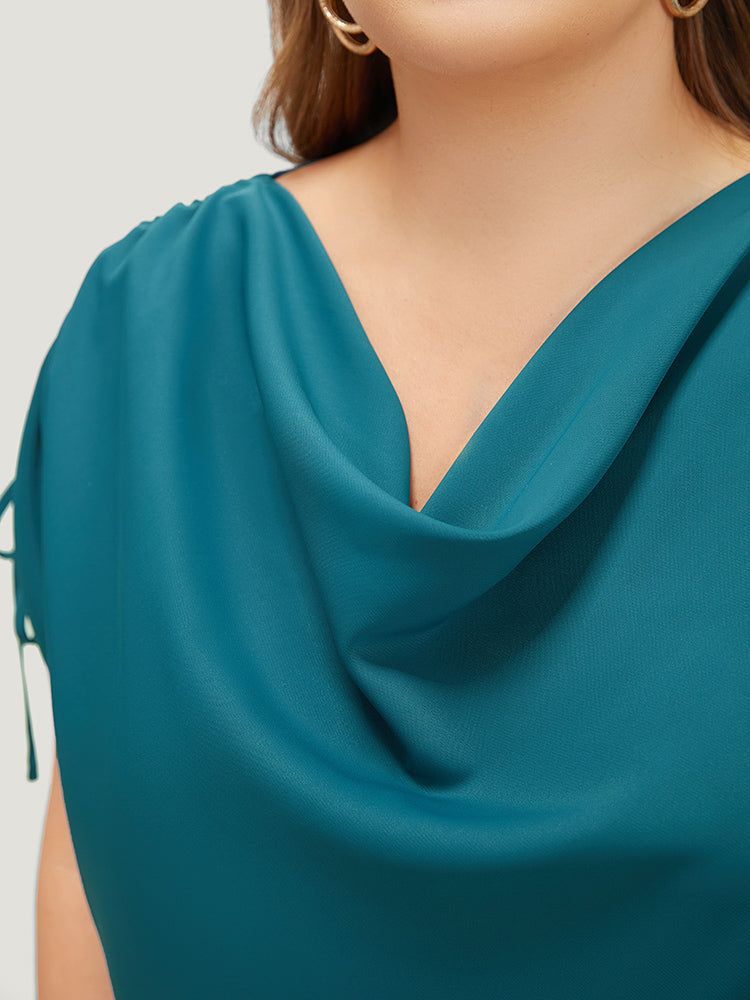 Solid Cowl Neck Drawstring Sleeve Blouse