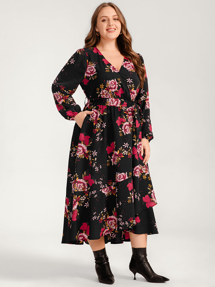 Floral Ruffle Lantern Sleeve Pocket Belted Asymmetrical Hem Dress