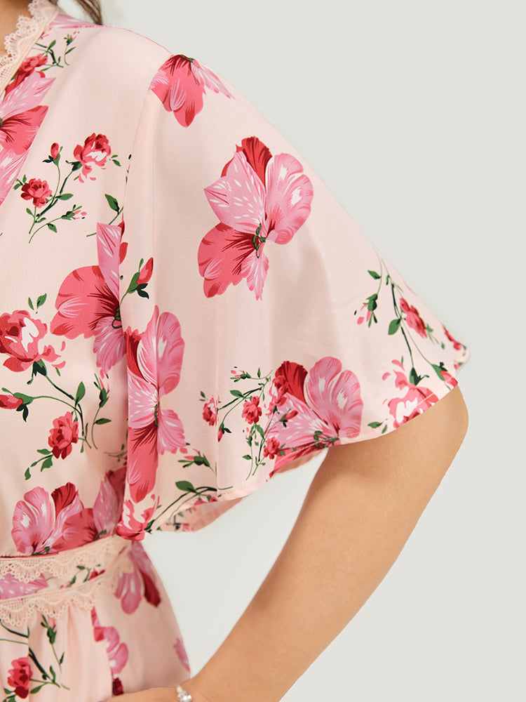 Floral Print Lace Pocket Ruffle Hem Empire Waist Dress