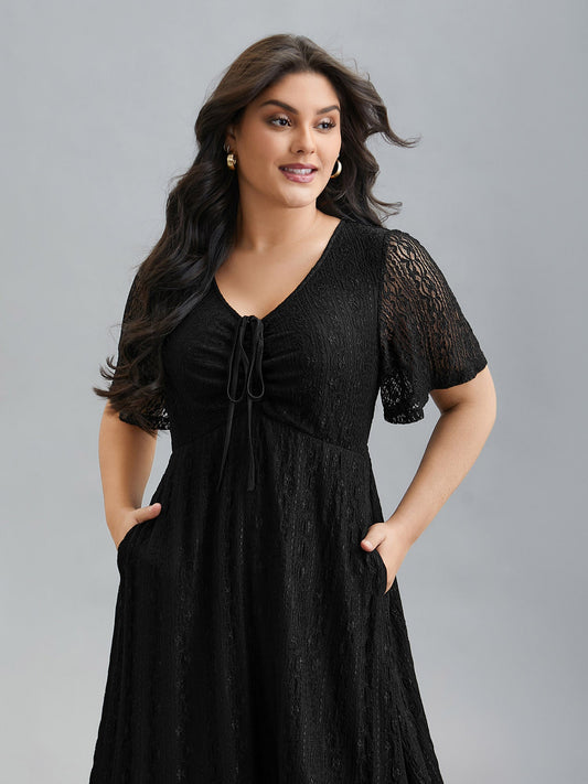 Lace V-Neck Bow Drawstring Midi Dress