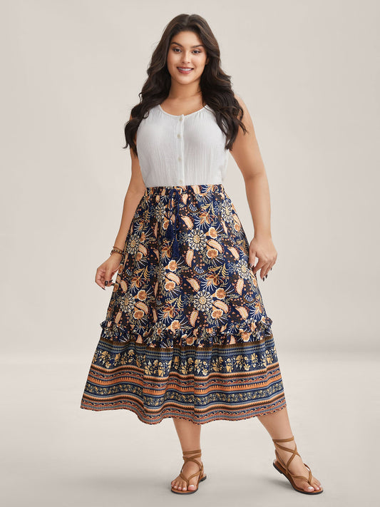 Boho Print Tiered A-Line Maxi Skirt