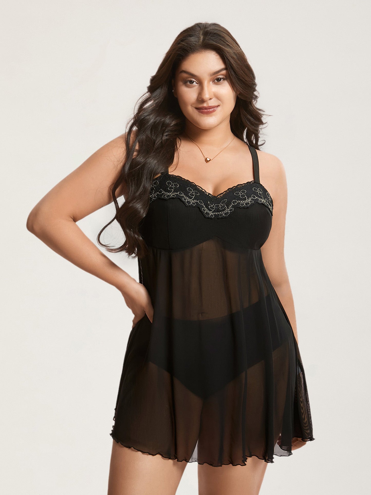 Lace Trim Stitch Sheer Mesh Sleep Dress