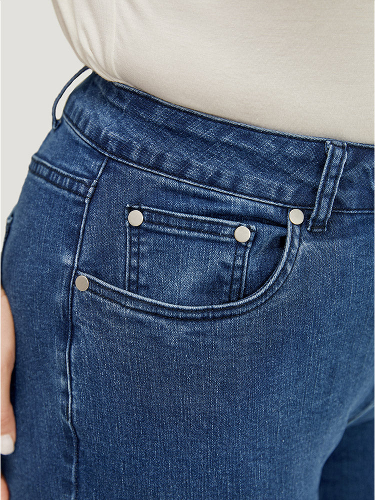Very Stretchy Medium Wash Patched Detail Cut Out Jeans