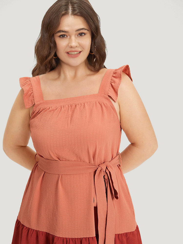 Contrast Ruffles Pocket Belted Square Neck Cami Dress