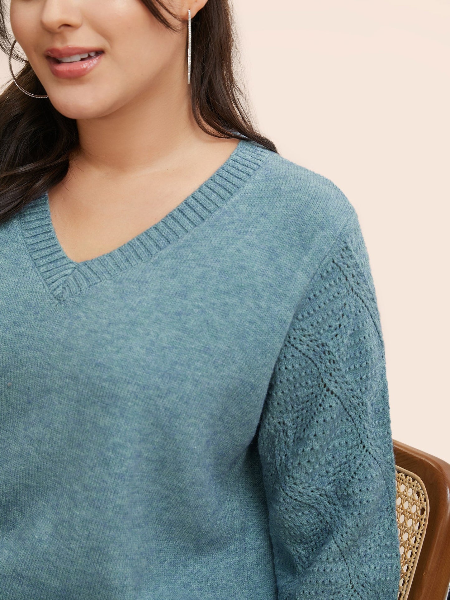 V Neck Texture Lantern Sleeve Pullover