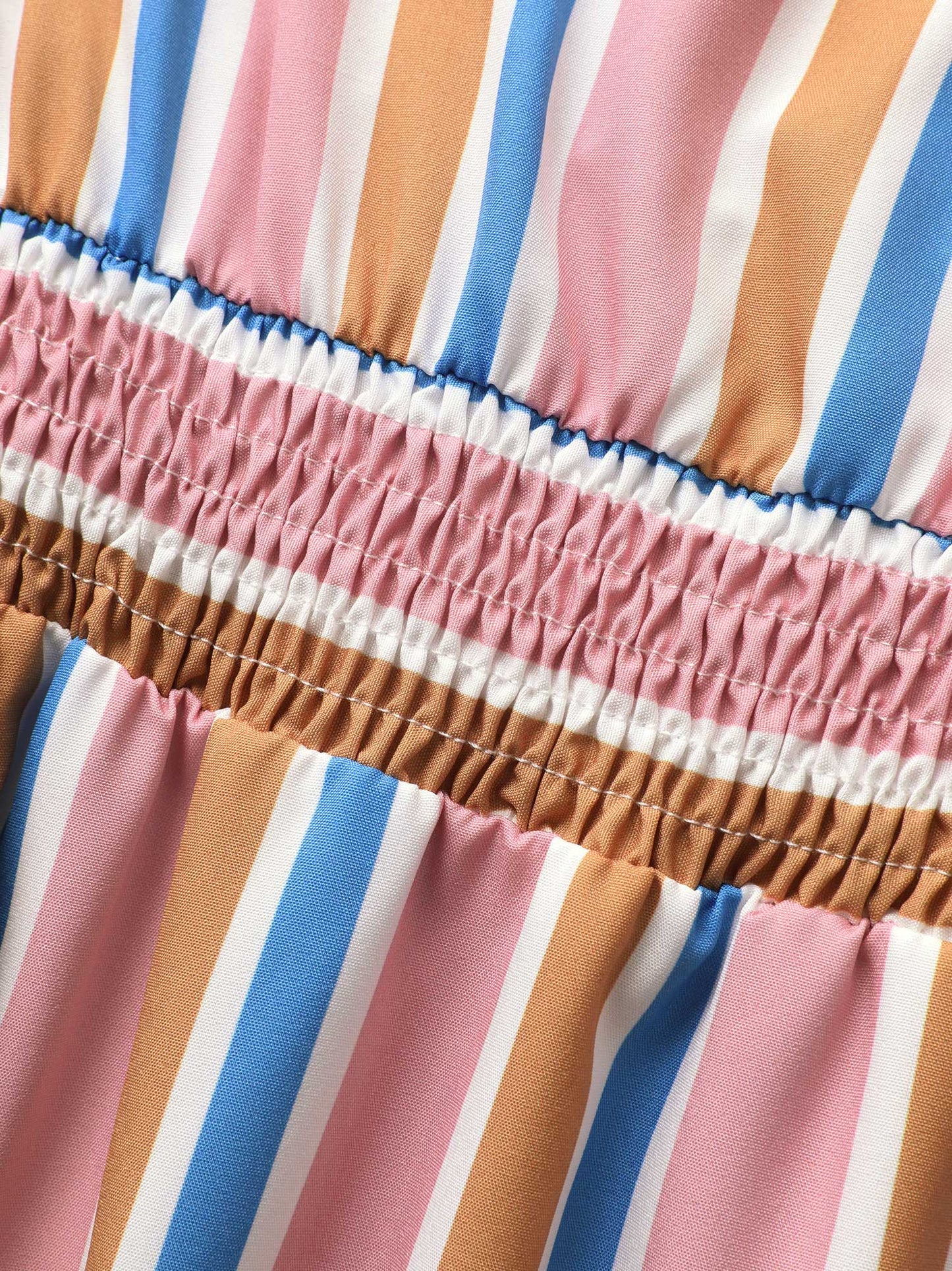 Contrast Striped Shirred Ruffle Hem Midi Dress