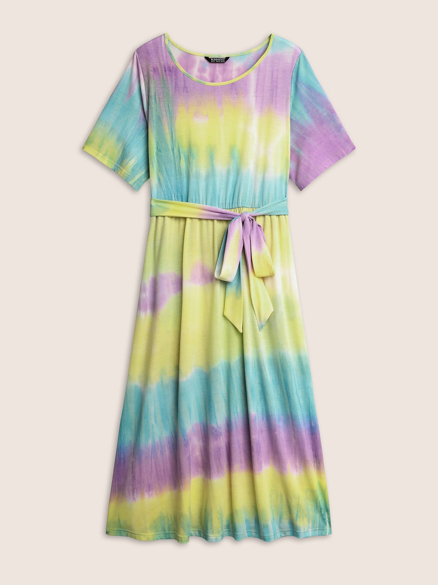Round Neck Tie Dye Belted Pocket Dress