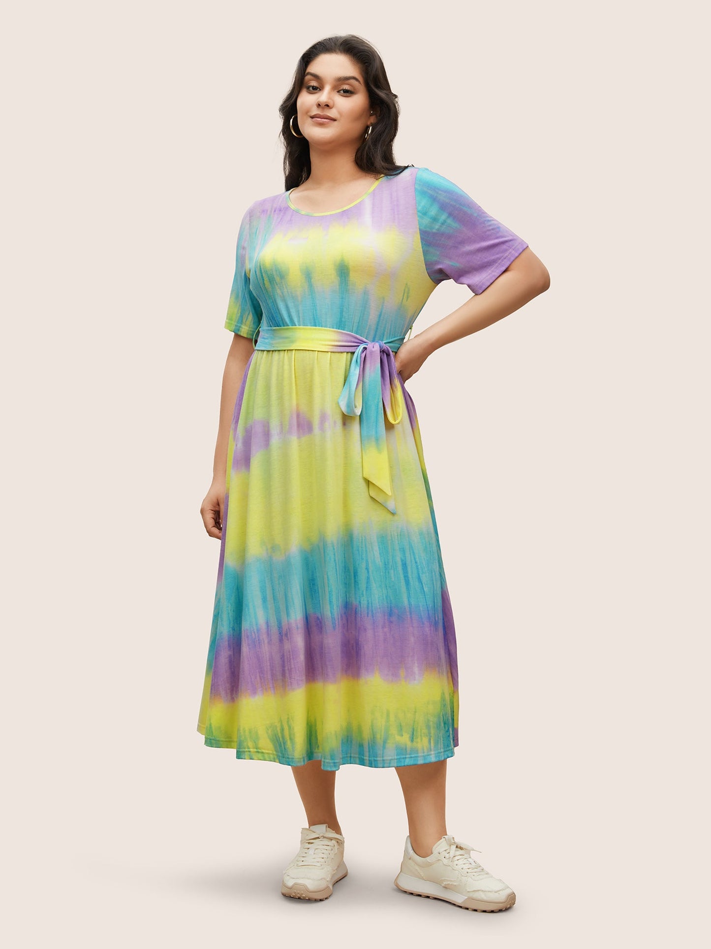 Round Neck Tie Dye Belted Pocket Dress