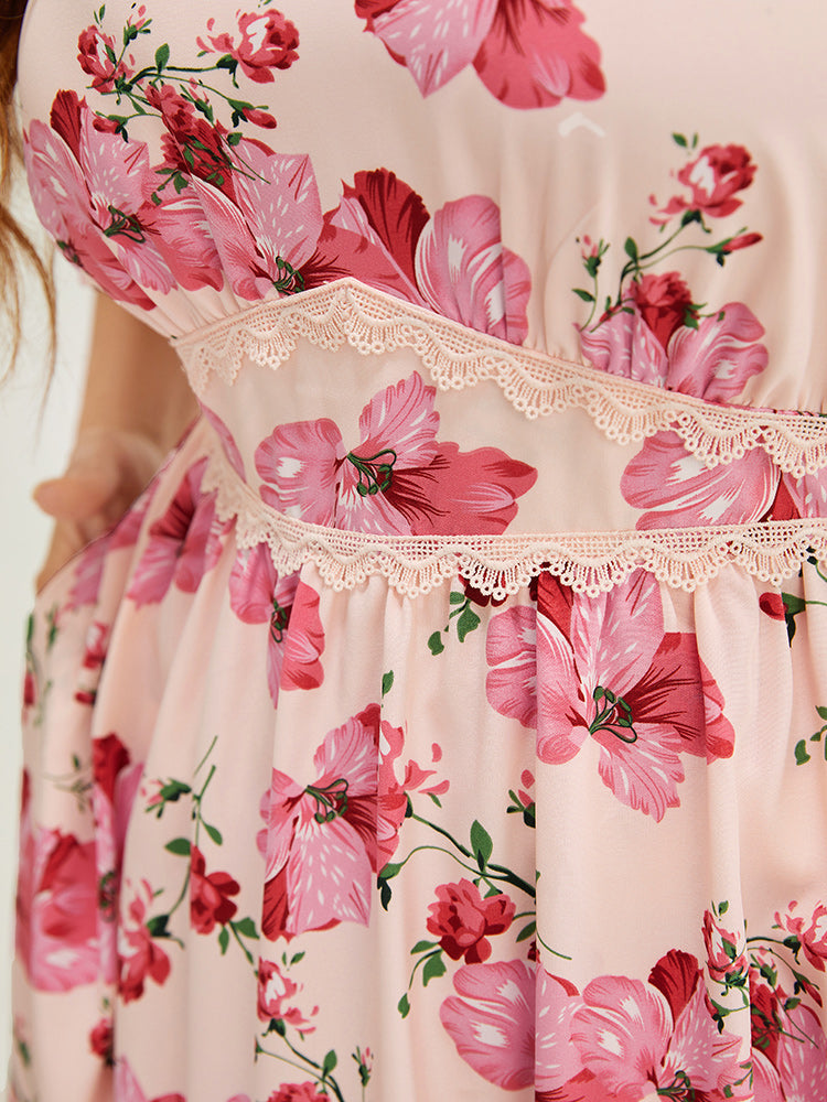 Floral Print Lace Pocket Ruffle Hem Empire Waist Dress
