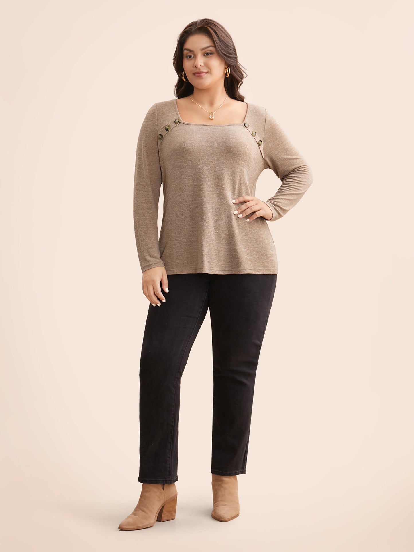 Heather Square Neck Button Detail T-shirt