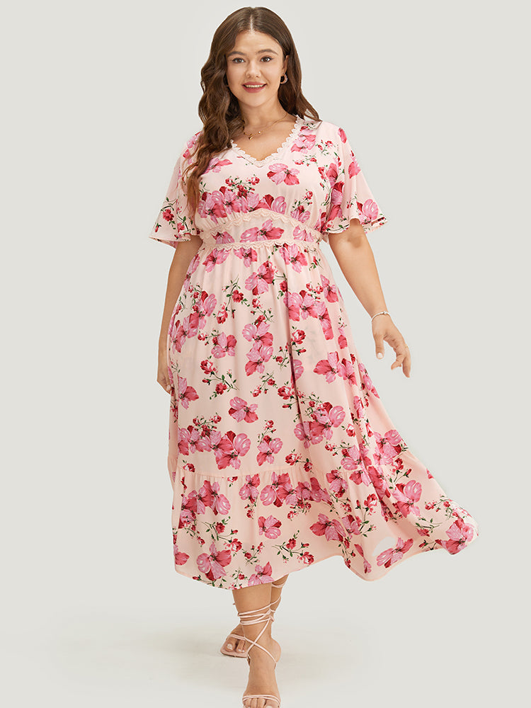 Floral Print Lace Pocket Ruffle Hem Empire Waist Dress