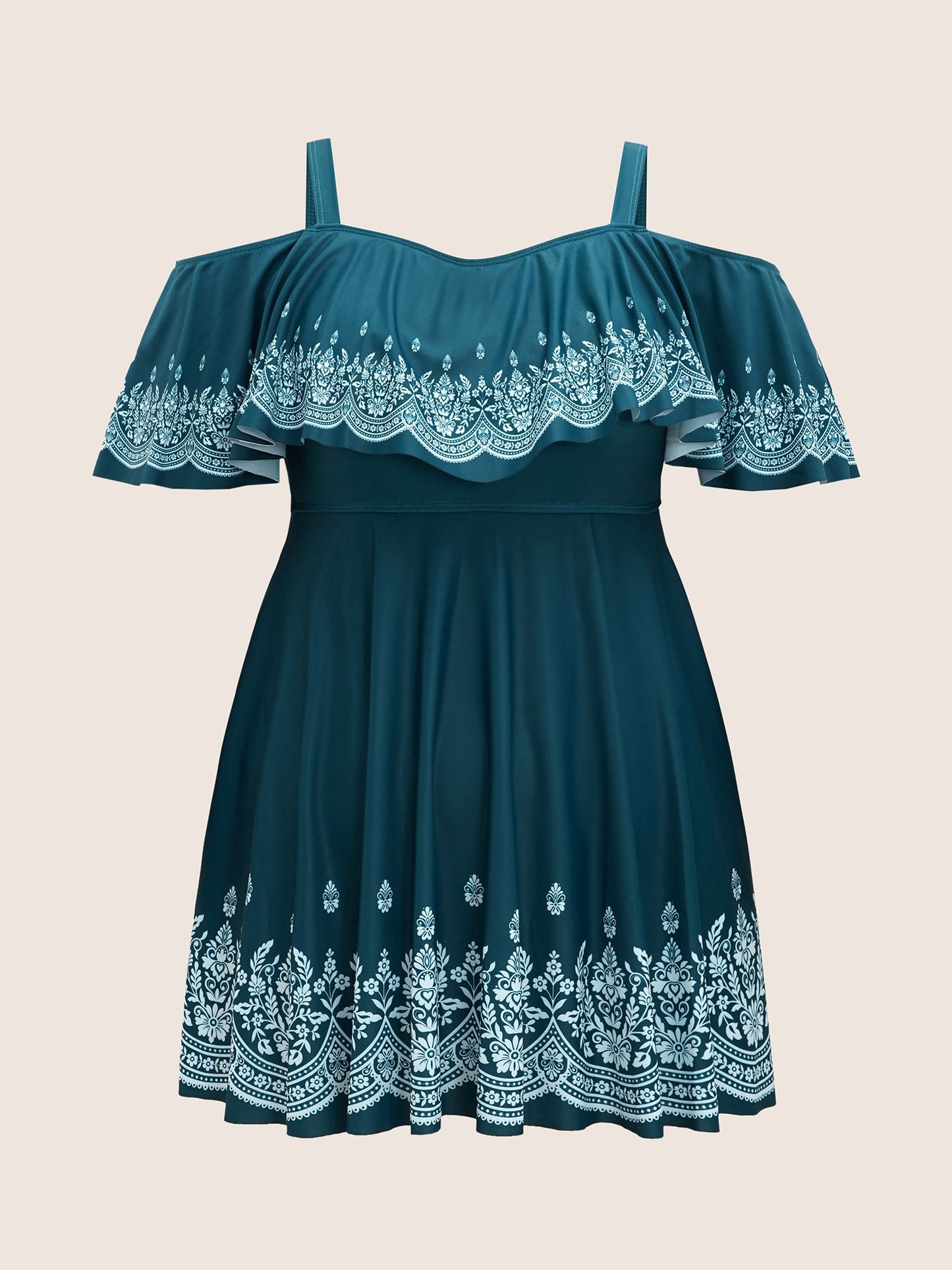 Boho Print Off Shoulder Ruffle Trim Swim Dress