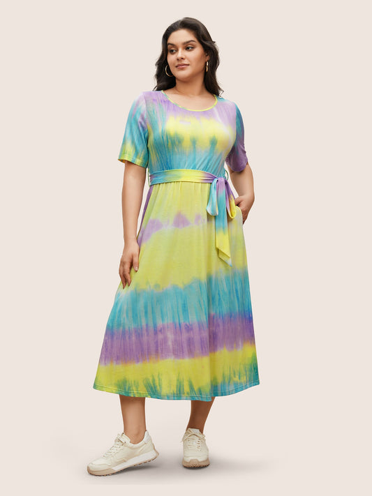 Round Neck Tie Dye Belted Pocket Dress