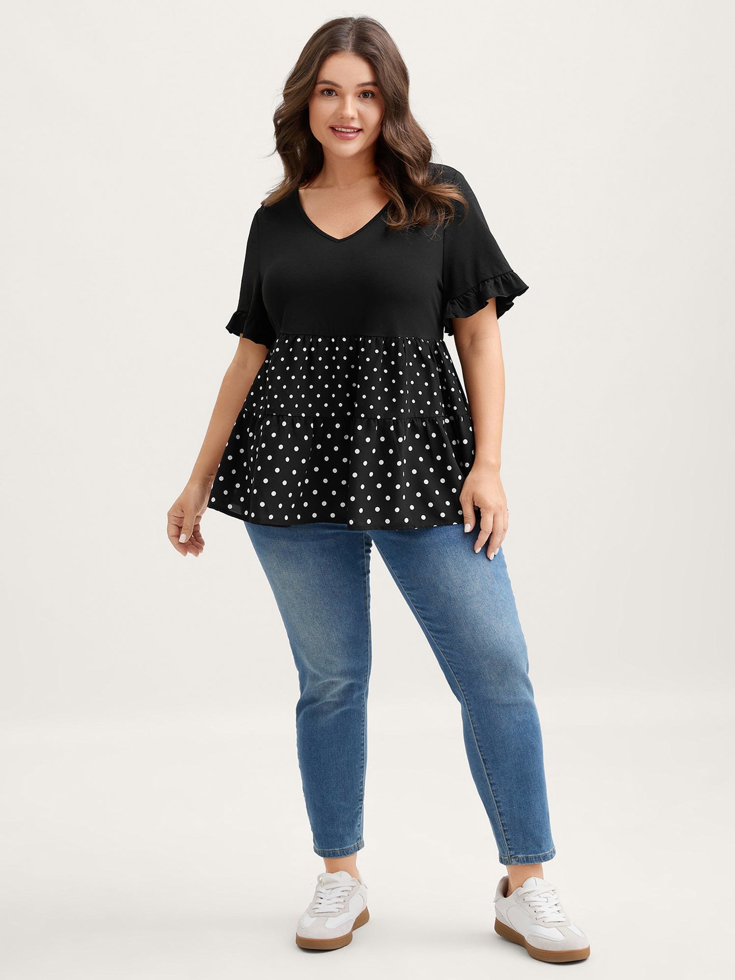 Stretchy Polka Dots Contrast Knit Top