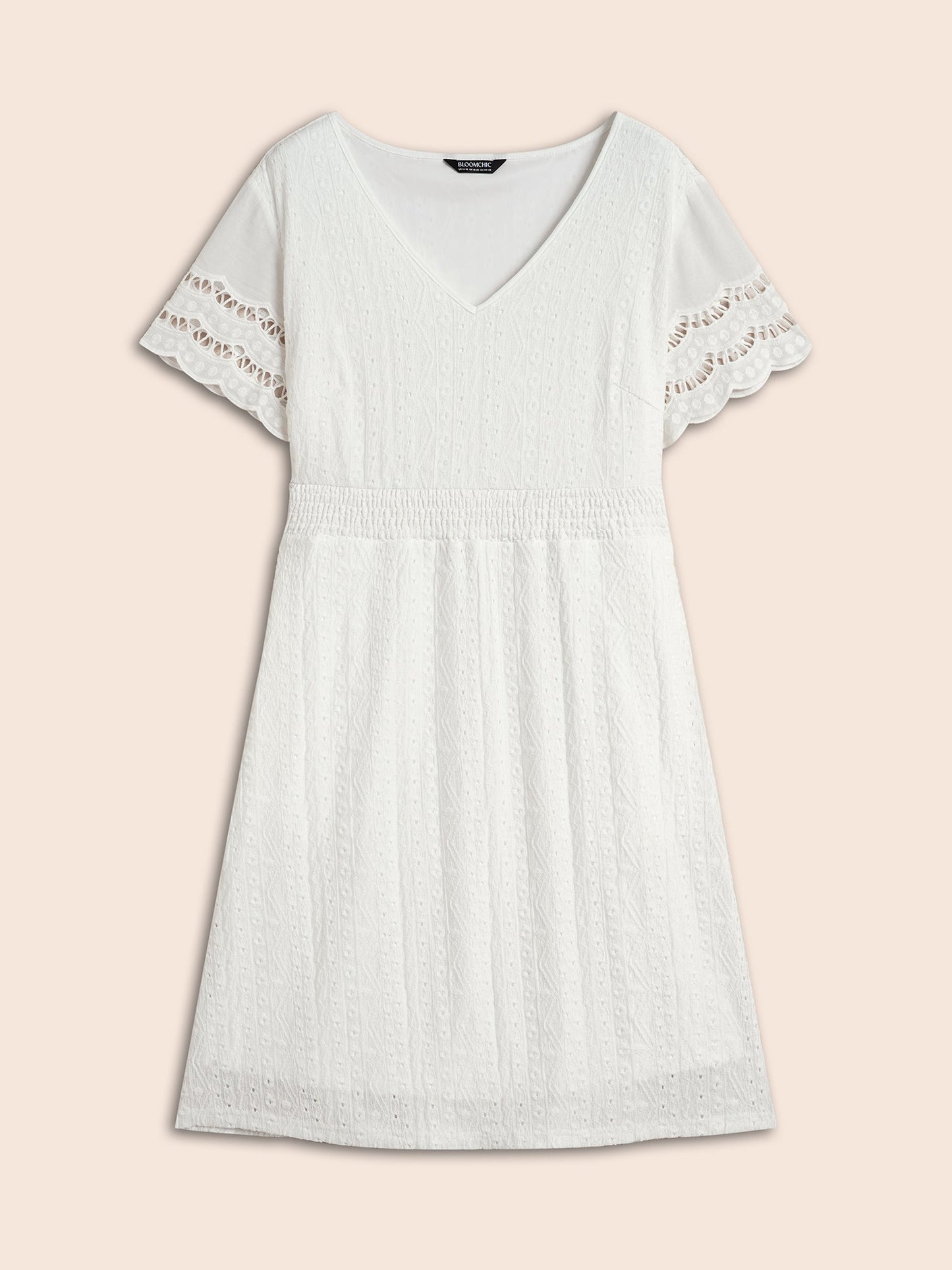 V Neck Shirred Lace Patchwork Dress