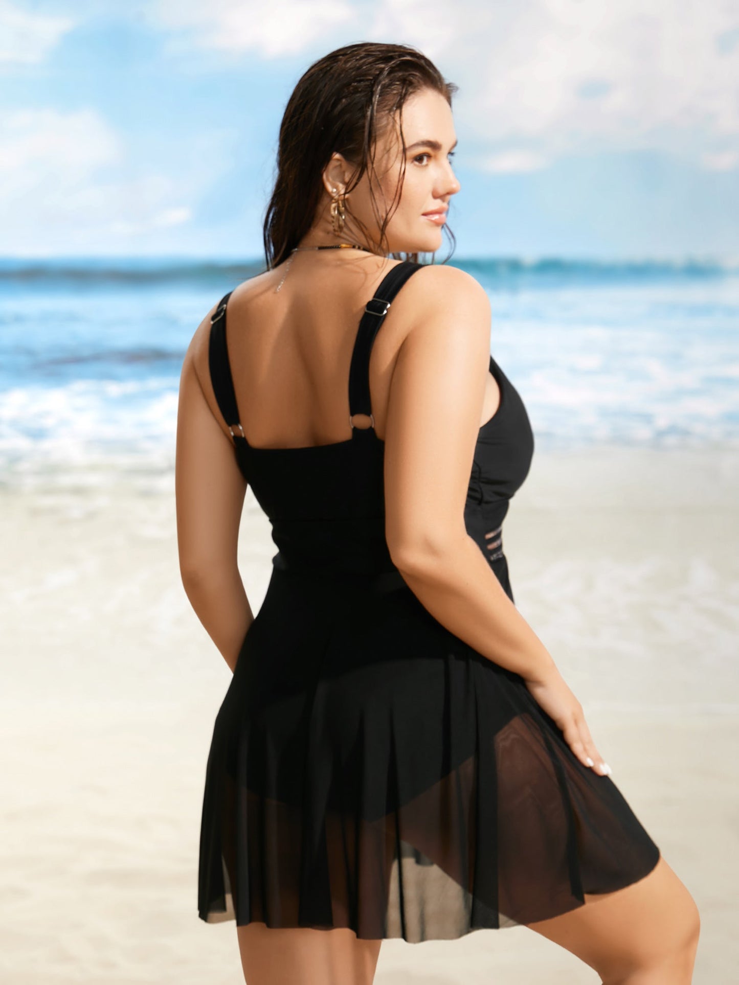 Overlap Collar See Through Patchwork Swim Dress