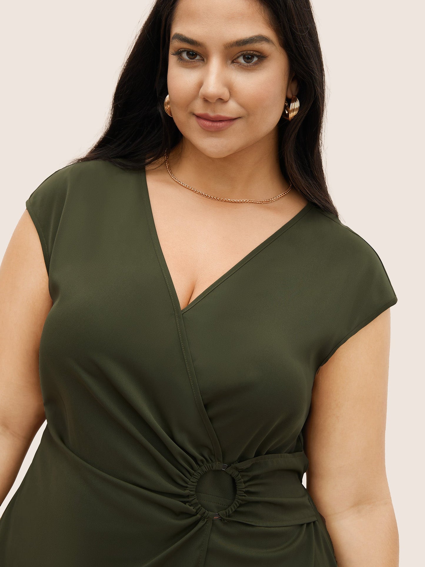 Plain Buckle Detail Overlap Collar Cap Sleeve Dress