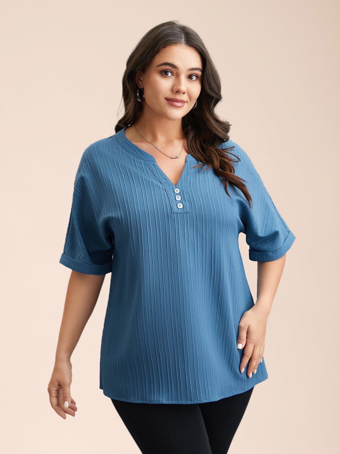 Notched Collar Textured Button Blouse