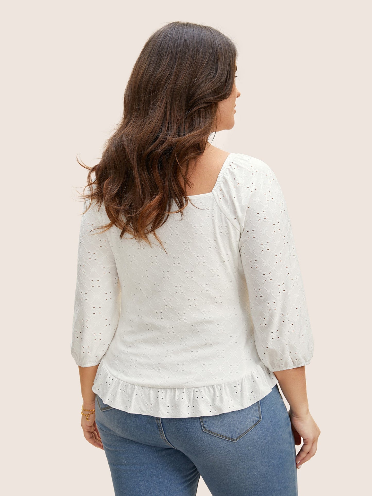 Broderie Anglaise Ruched Lantern Sleeve Blouse