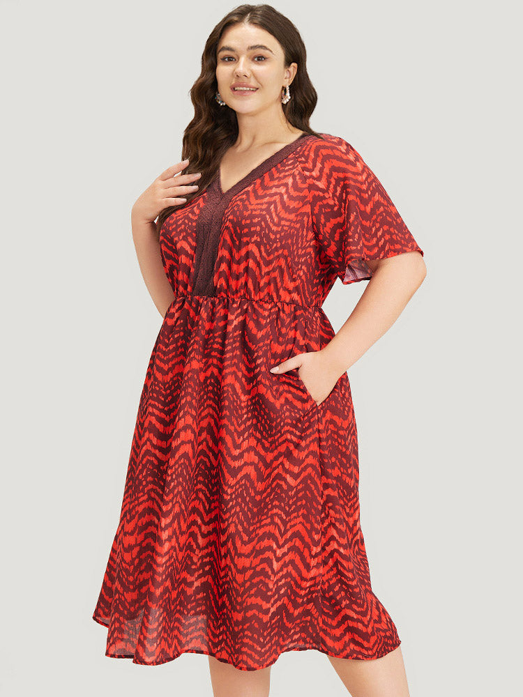 Water Ripple Pocket Ruffle Sleeve Lace Dress